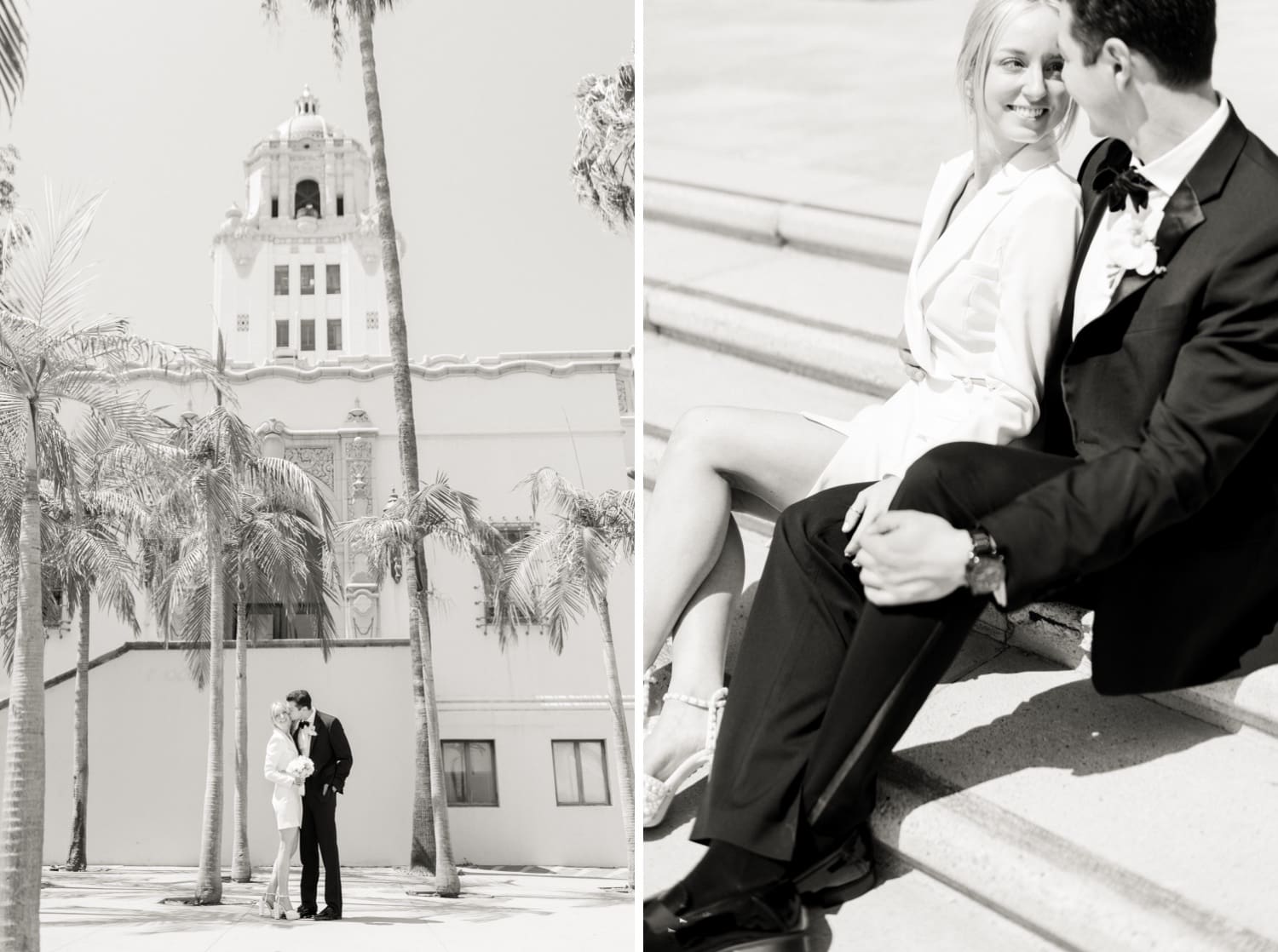Newly married couple outside Los Angeles County Registrar-Recorder County Clerk in downtown Los Angeles, celebrating after civil ceremony, holding marriage certificate and bouquet, courthouse wedding photography, urban city backdrop, emotional joyful moment, Southern California courthouse wedding, Getting Married at the Old Orange County Courthouse, Getting married at the Beverly Hills Courthouse, Checklist for your Beverly Hills Courthouse, How to get Married at the Beverly Hills Courthouse